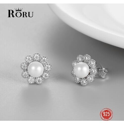 Natural White Pearl Stud Earrings 925 Sterling Silver Earrings for Women Flower Zircon Sweet Fine Ear Jewelry