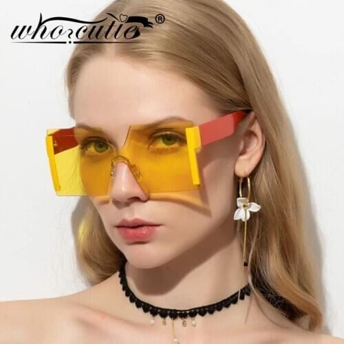 WHO CUTIE Vintage Fashion Oversized Sunglasses Women Rimless Brand Designer Retro Big Frame Sun Glasses Red Yellow Shades OM826