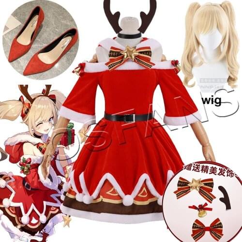 Genshin Impact Barbara Cosplay Costume Barbara Christmas Dress Women Red Costume Christmas Party Dress Hat Full Set Wig shoes