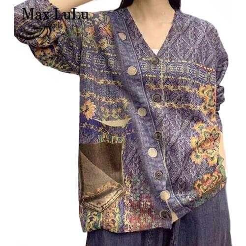 Max LuLu Autumn 2021 British Design Knitwear Vintage Gothic Printed Womens Cardigans V-neck Ladies Clothes Patchwork Sweaters