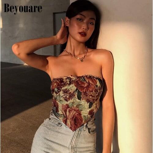 Beyouare Vintage Floral Print Sexy Corset Tube Women Tank Y2K 2021 Summer Strapless Elastic Back Backless Asymmetric Crop Tops
