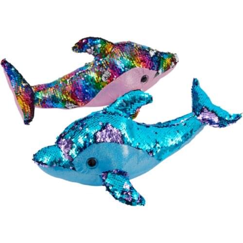 2 pcs Sequined Plush Dolphin 37 Cm Fish Soft Toy Ocean Shiny Snuggle Stuffed Cute