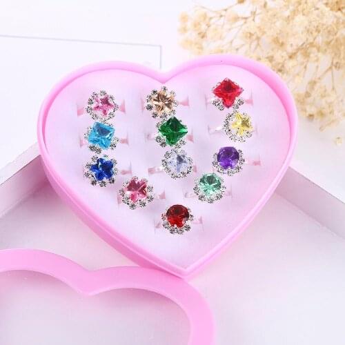 2021 Hot Sale Fashionable Colorful Cute Costume Jewelry Girl Children Student Adjustable Ring Set Gift Box 12pcs Zircon Gift