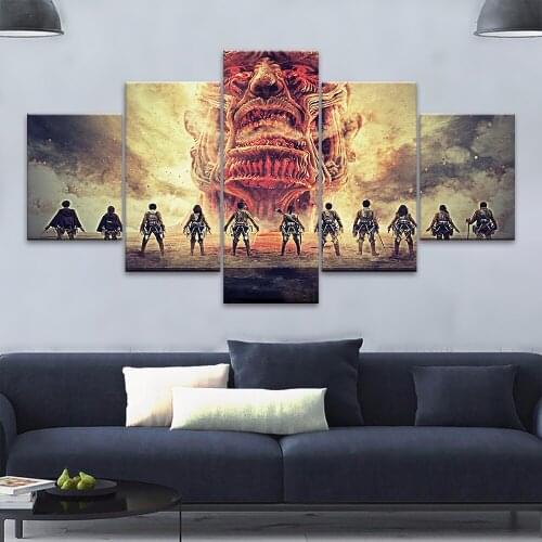 Canvas Wall Art HD Prints Attack on Titan Fight Red Monster 5pcs Poster Home Decor Painting For Bedroom Modular Picture No Frame