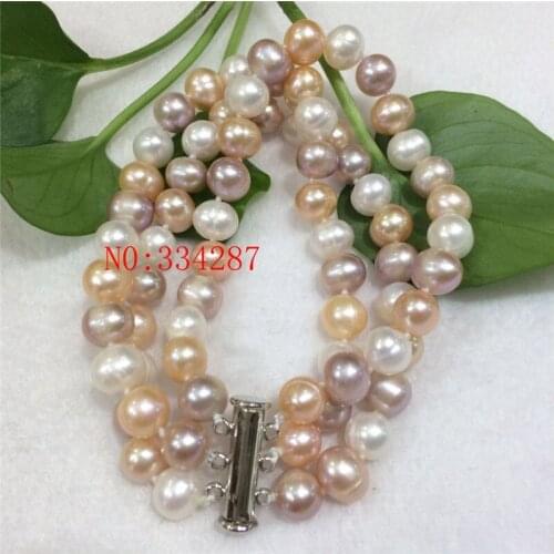 NEW 3Strands 8'' 9mm White Lavender Pink potatoes Freshwater Pearl Bracelet 7.5-8 inches