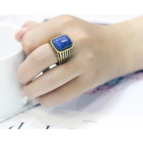 CFBulongs New Blue Gemstone Inlaid With Gold Rim Retro Ring Fashion MenJewelry Wedding Gift Accessories Dropshipping