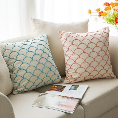 DUNXDECO Cushion Cover Decorative Pillow Case Scales Embroidery Simple Linen Artistic Coussin 50x50CM Sofa Chair Decoration