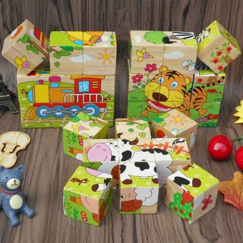 Kids Early Education Toys 3D Puzzle Cube Kids Educational Toys Children Wooden Jigsaw Six Face Painting Building Puzzle Animals