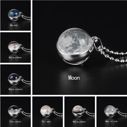 Moon Phase Image Double Sided Necklace Art Pendant Galaxy Planet Glass Ball Cabochon Handmade Astronomy Pendant Necklace Jewelry