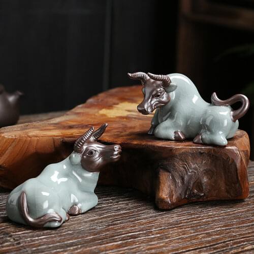 Geyao Ceramic Beef Tea Pet Ru Kiln Tea Ceremony Accessories Bull Zisha Tea Ceremony Home Decoration