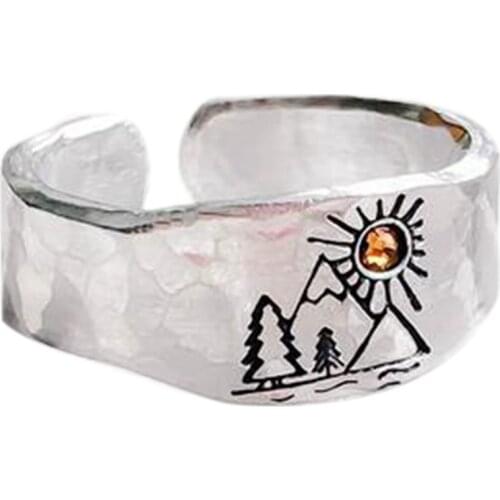Forest Mountain Sun Nature Landscape Carved Ring For Women Men Mountain Sunset Nature Forest Ring Adjustable Jewelry Dropship