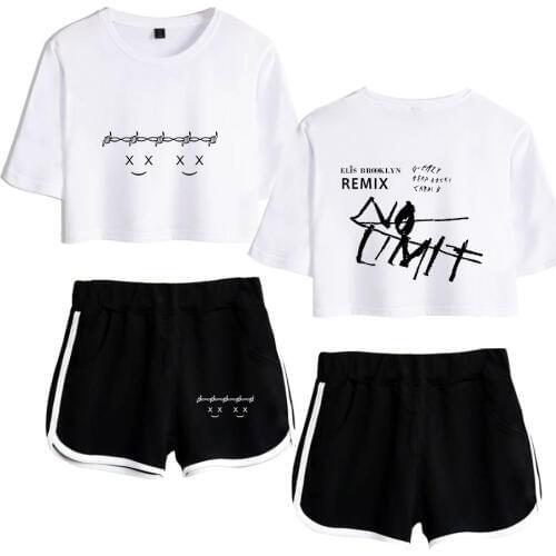 Leisure HIP HOP Post Malone 2 Pieces Set Women Sexy Tops + Shorts Suit Breathable Expose Navel Drawstring Casual Clothing