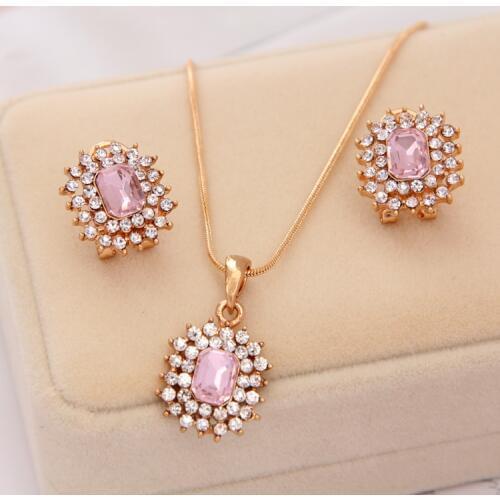 Fashion Bridal Accessories CZ new Retail Pink Gem Jewelry Sets Pendant Necklace/ Earrings Statement Jewelry Sets