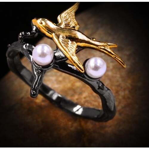New Exquisite Hummingbird Pearl Black Gold Ring Ladies Ring Party Jewelry Engagement Gift Bird Magpie Ring 925 Silver Ring