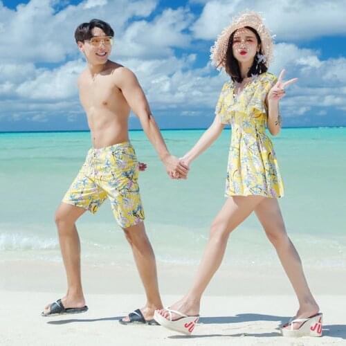 New Swimsuit Couple Suit South Korea Skirt Style One Piece Steel Support Gathering Hot Spring Summer Men Plus Size Swimwear