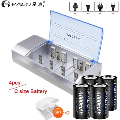 Palo 4pcs C size Rechargeable type C Battery 1.2V nimh 4000mah+LED Smart Battery Charger for 1.2V AA AAA C D Battery