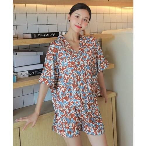 Spring/summer Short-sleeved Pajamas for Women Ice Silk Thin Letter Print Home Clothing Two Piece Set Turn-down Collar Satin Suit
