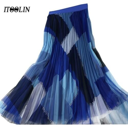 ITOOLIN Spring 2021 Pleated Tulle Midi Skirt Y2k Patchwork High Waist Fashion Plaid A Line Mesh Long Skirt Mujer Faldas