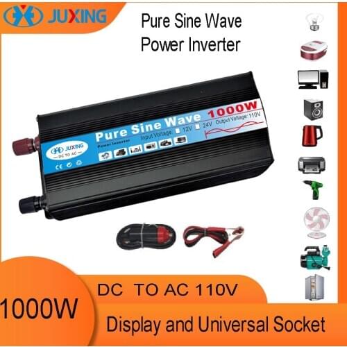 JUXING 1000W Power Inverter DC 12V/24V to AC 110V with Universal Socket Pure Sine Wave Converter Use for Vehicle, Home, Outdoor