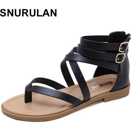 SNURULANNew Womens Sandals2021European And American Summer Sandals Large Size Fashion Zipper Strap Solid Color Flat RomanSandal