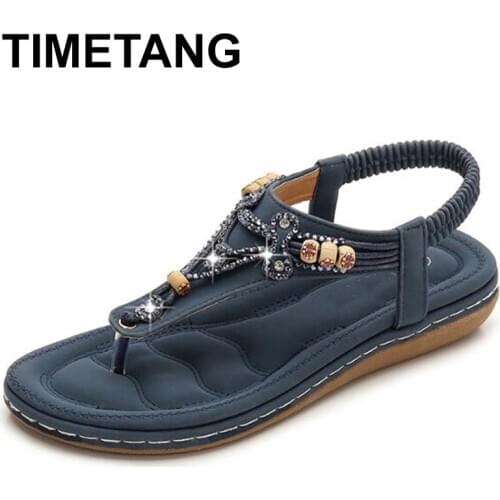TIMETANG Retro womens shoes round head Solid color sandals summer Leisure Comfort beach shoes beaded rhinestone flat shoesE441