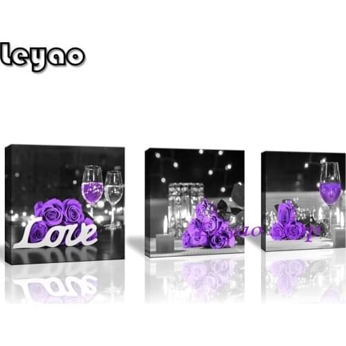 Diy Diamond Painting Triptych Purple Rose Floral Picture Kitchen Wall Art Wine Glass Candle Flower Love 3 Pieces/Set Embroidery