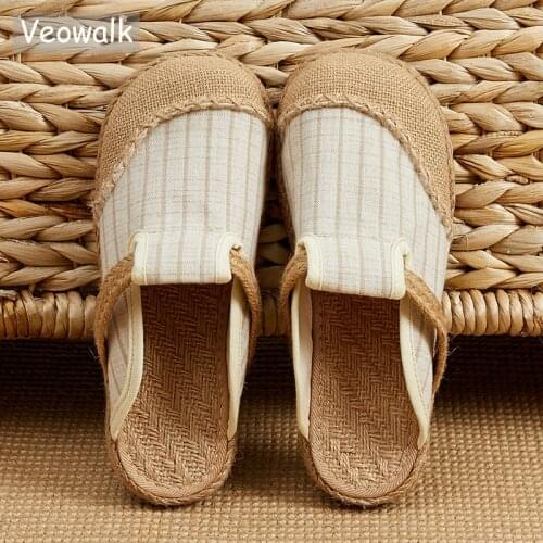 Veowalk Handmade Women Striped Canvas Linen Closed Toe Slippers Comfortable Casual Flat Mules Vegan Bohemian Espadrilles Shoes