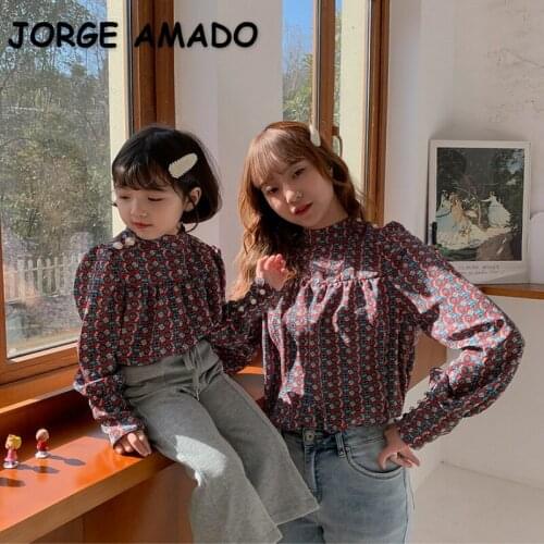 2021 Korean Style Autumn Family Matching Outfits Shirts Purple Floral Long Sleeves Blouse Mum Girl Retro Collocation Look E012
