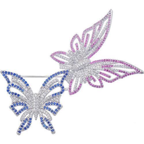 YAN MEI Siamese Butterfly Brooches Silver Plated Zirconia Corsage Breastpin Lapel Pins Fashion Jewelry Accessories GLX0176