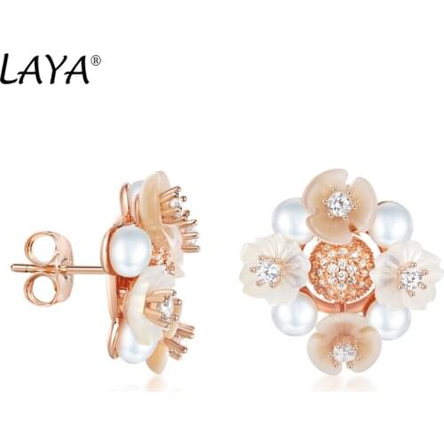 Laya 925 Sterling Silver Fashion Natural Shell Flower High Quality Zircon Freshwater Pearl Stud Earrings For Women Fine Jewelry