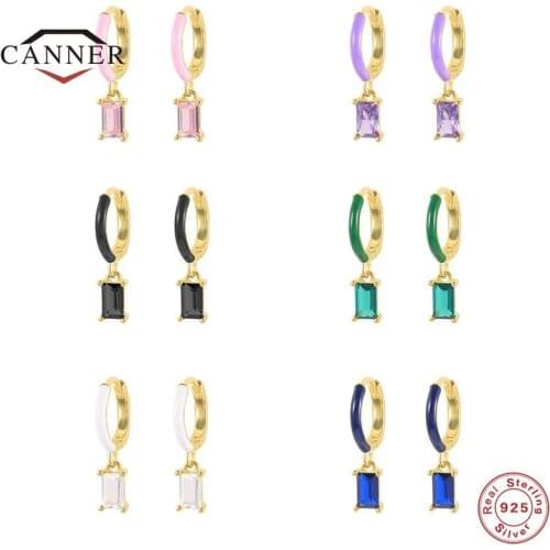 CANNER 925 Sterling Silver Colored Square Zircon Pendant Drop Earrings for Women Piercing Huggie Dangle Enamel Earings Jewelry