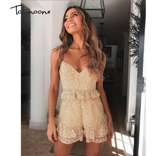 Tobinoone Ruffle Polka Dot Bodycon Jumpsuit Women Lace Up Backless V Neck Sexy Jumpsuits Summer Pleated Beach Holiday Playsuit