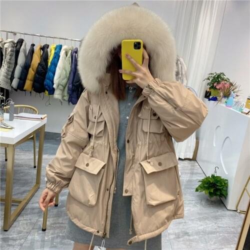 MENINA BONITA 2021 Winter Jacket Women Real Natural Fox Fur Collar Hooded 90% White Duck Down Coat Warm Loose Outerwear Fashion