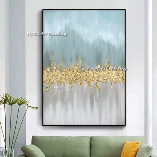 100% Handmade Abstract Gold Foil Simple Landscape Oil Painting Blue Pictures Nice Grey Canvas Gift for Room Home Decoration