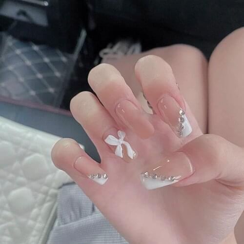 24pcs Nude 3D Bow Rhinestone Fake Nails Glue Type Removable Long Paragraph Square Head Fashion Full Cover Artificial Manicure