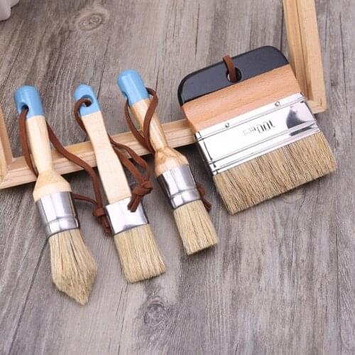 4 Pcs Round Flat Pointed and Wide Chalk Paint Wax Brush Ergonomic Wood Handle Natural Bristle Brushes Furniture Waxing