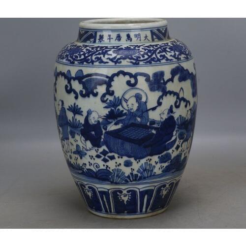 Antique MingDynasty porcelain pot,Blue&white character jar,Hand painting crafts,Decoration collection&adornment