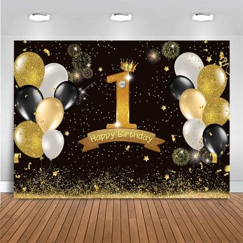 Mocsicka Glitter 1st Happy Birthday Backdrop Photography Balloon Fireworks One Birthday Party Background Photo Studio Gold Star