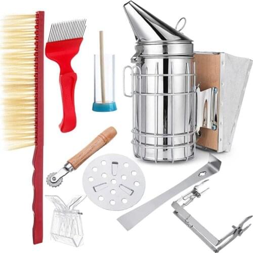Stainless Steel Beekeeping Bee Hive Smoker Kit Heat Shield Protection Scraper Equipment Tools Set Apiculture Accessories 8 In 1