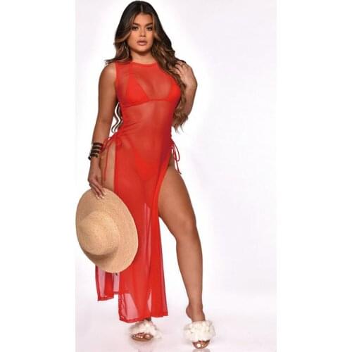 Sheer Mesh Transparent 3 Piece Bikini Set Summer Outfit for Women Bra Tops and Underpant and Side High Split Cover Up Swimsuit