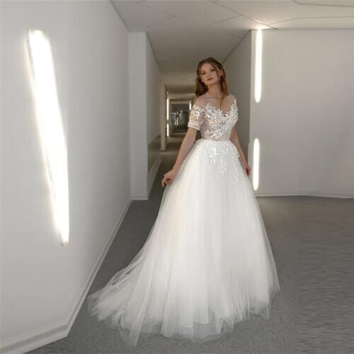 Sheer Short Sleeves A-Line Tulle Lace Wedding Dresses Bridal Gowns With Buttons Back Custom Made Long Spring Robe De Mariee