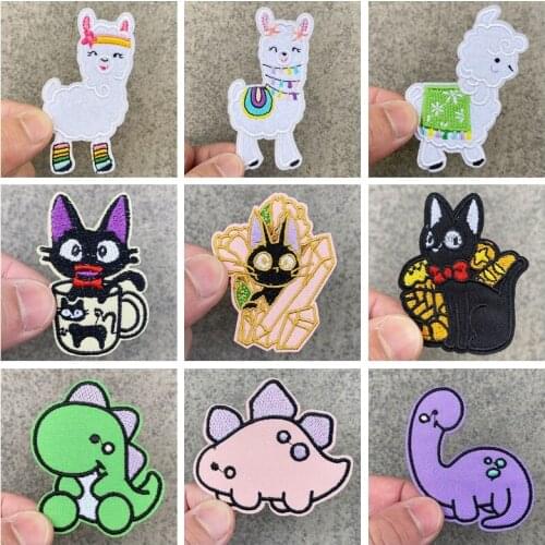 Cute Cat Patch Cartoon Dinosaur Stripe Applique Patch Iron on Alpaca Patch for Kids Clothes DIY Embroidered Patches for Clothing