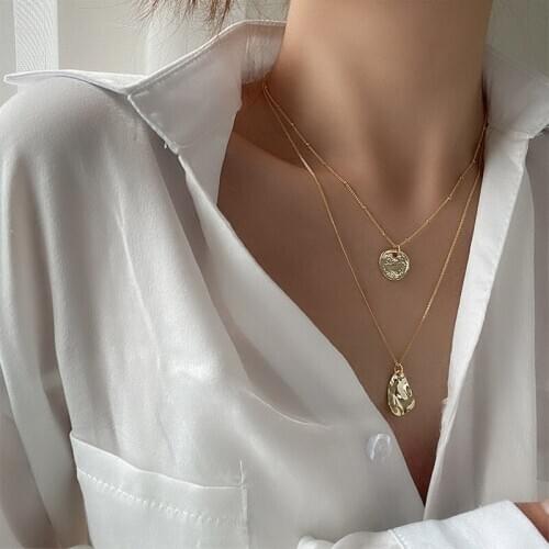 Minimalist Multi Layer Hammered Gold Necklaces Circle Coin Irregular Geometric Necklaces for Women Beads Chain Necklace Jewelry
