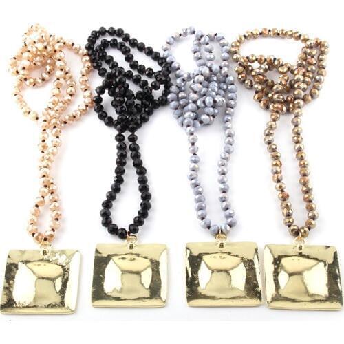 Fashion Bohemian Tribal Jewelry Glass Crystal long Knotted Metal Pendant Necklace