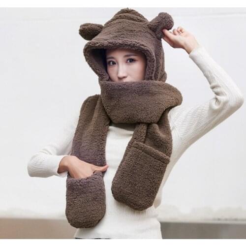 2021 Fashion Winter Women Novelty Beanies Caps Warm Cute Bear Ear Hat Casual Plush Hat Scarf Set Casual Solid Women Caps Present