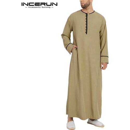Men Muslim Jubba Thobe Patchwork O Neck Long Sleeve 2021 Casual Robes Islamic Arabic Kaftan Men Middle East Dubai Caftan INCERUN