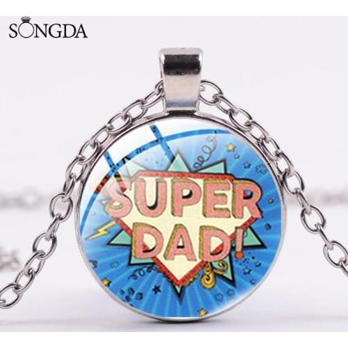 Super Dad Pendant Necklace Super Mom Glass Cabochon Metal Cartoon Anime Necklace Special Gift Fathers Day Jewelry Accessories