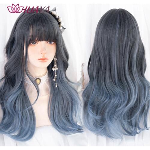 HUAYA Blue Purple Lolita Wigs Light Gray Ombre Long Water Wave Cosplay Wigs Synthetic Hair With Cute Bangs Heat Resistant Wig