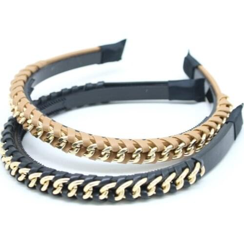 New Fashion Wide Side Hairband Casual PU Artificial Leather chain Headband Simple Classic Turban Solid Glossy Hair Accessories