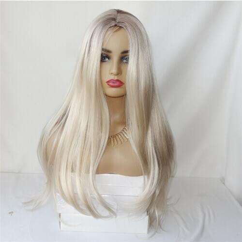 Straight Ombre Synthetic Wig with Baby Hair Blonde Glueless Machine Made Wig Heat Resistant Fiber Hair Middle Part